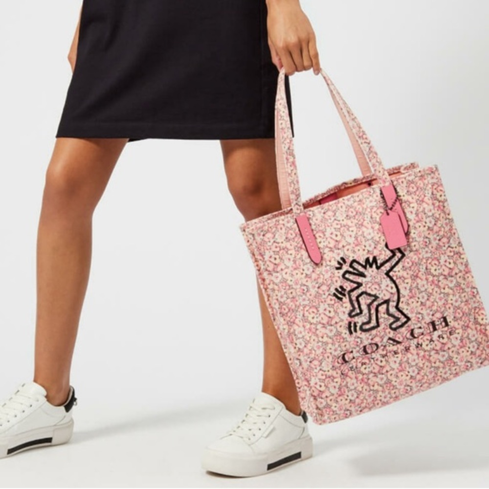 Rare Coach x Keith Haring Floral Sequin Canvas Tote Bag Pink Excellent Condition